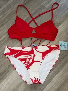 Shade & Shore Red Floral Bikini Set with Crisscross Top
